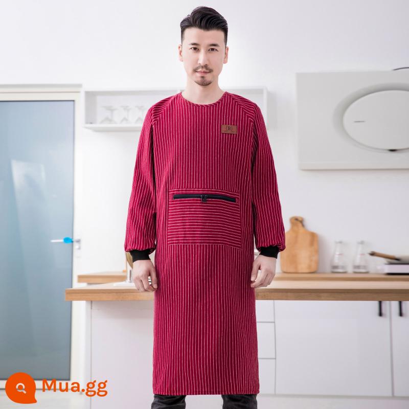 Tạp dề cotton dài tay dài tay chống bẩn quần áo chống bẩn đơn giản cho nam và nữ quần áo bảo hộ lao động chống bẩn - Kiểu sọc dài, rộng và đơn giản - đỏ [nam và nữ giống nhau]