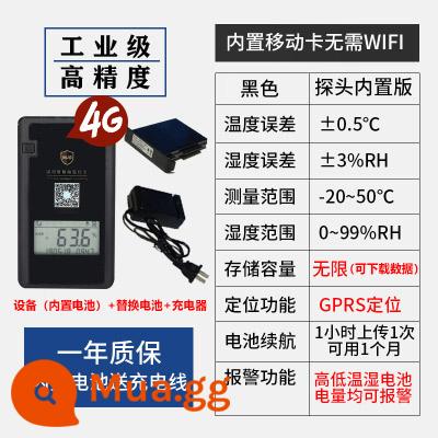 Điện thoại di động cảm biến giám sát nhiệt độ và độ ẩm từ xa GPRS máy đo nhiệt độ và độ ẩm không dây nhà kính Máy ghi nhiệt độ và độ ẩm dây chuyền lạnh - 4G [Đen] tích hợp cảm biến nhiệt độ, độ ẩm + pin dự phòng + sạc chuyên dụng