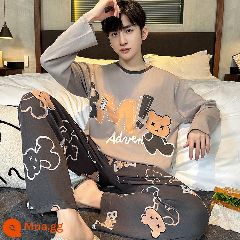 2022 Mới Bộ Đồ Ngủ Nam Xuân Thu Nam Cotton Nguyên Chất Tay Dài Bé Trai Teen Thu Đông Homewear Bộ - Khí chất thời thượng