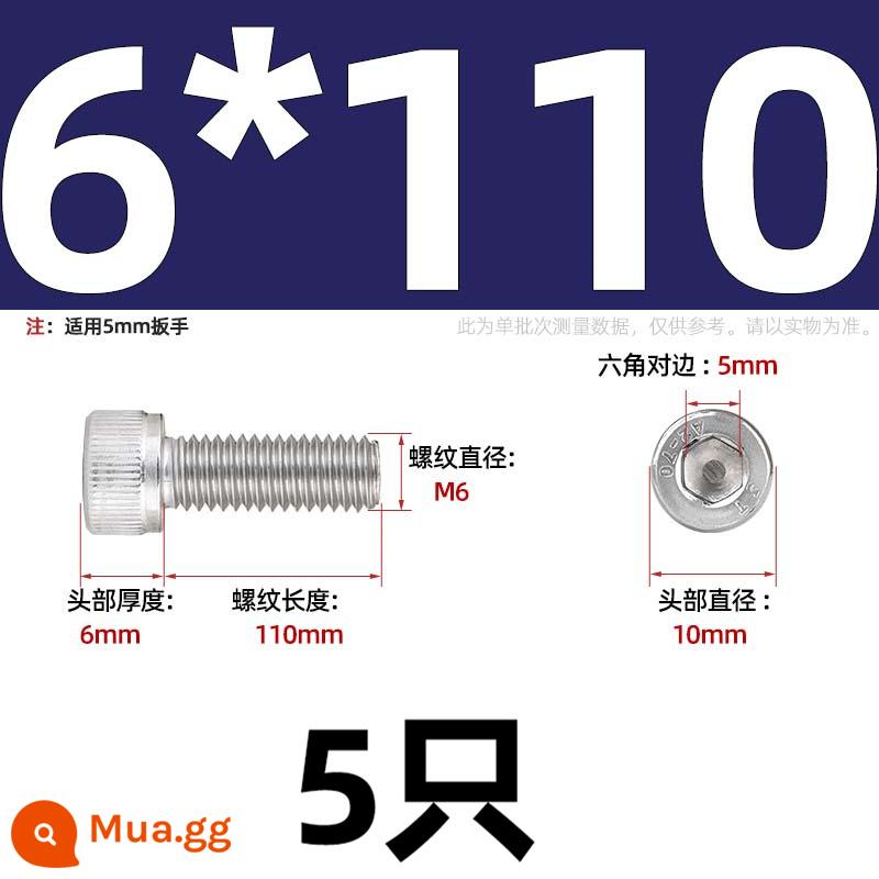 Thép Không Gỉ 304 Bên Trong Vít Lục Giác Cốc Đầu Bu Lông Hình Trụ Đầu Kéo Dài M1.6M2M3M4M5M6M8M10mm - Chỉ M6*110-5