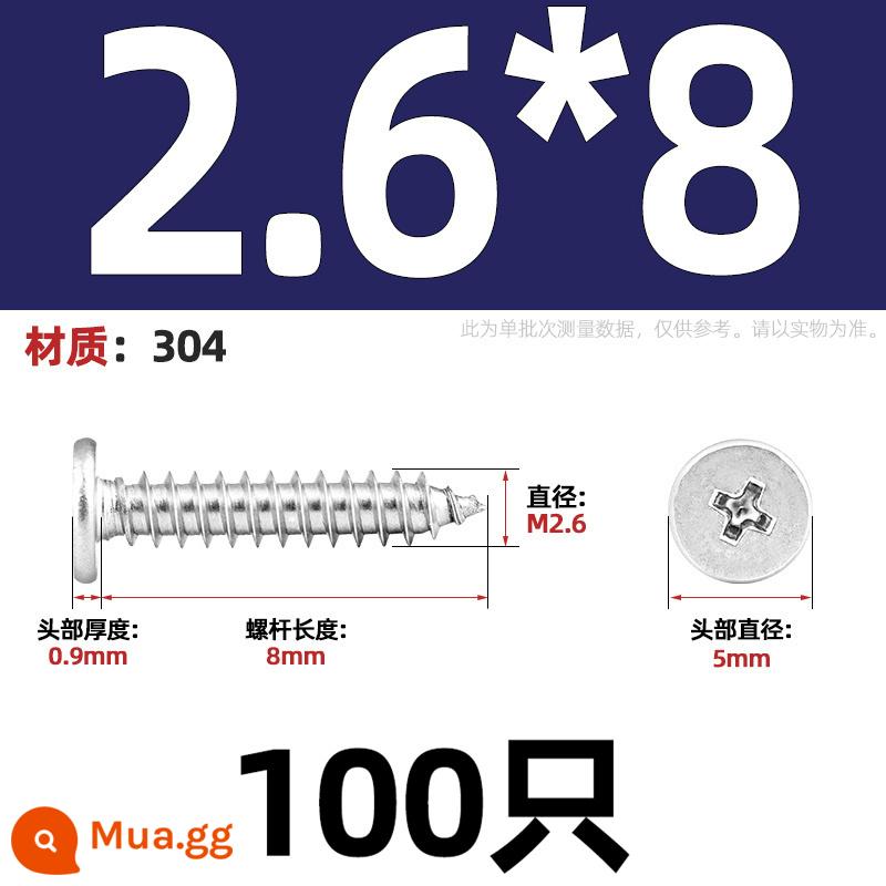 Thép không gỉ 304 CA đầu phẳng Vít tự tháo lớn mỏng tay đầu phẳng đuôi nhọn chìm chéo MM2M3M4M5M6 - Đường kính đầu M2.6*8 5[100 miếng]