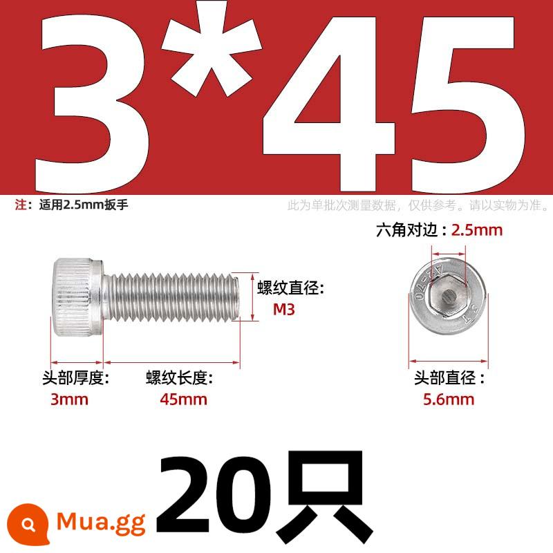 Thép Không Gỉ 304 Bên Trong Vít Lục Giác Cốc Đầu Bu Lông Hình Trụ Đầu Kéo Dài M1.6M2M3M4M5M6M8M10mm - Chỉ M3*45-20