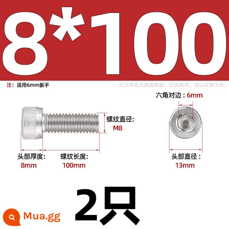 Thép Không Gỉ 304 Bên Trong Vít Lục Giác Cốc Đầu Bu Lông Hình Trụ Đầu Kéo Dài M1.6M2M3M4M5M6M8M10mm - Chỉ M8*100-2