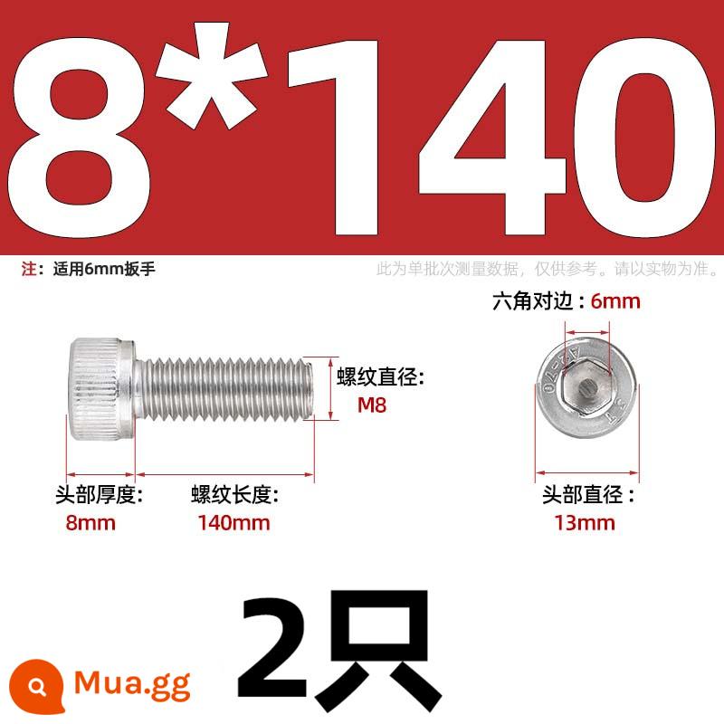 Thép Không Gỉ 304 Bên Trong Vít Lục Giác Cốc Đầu Bu Lông Hình Trụ Đầu Kéo Dài M1.6M2M3M4M5M6M8M10mm - Chỉ M8*140-2