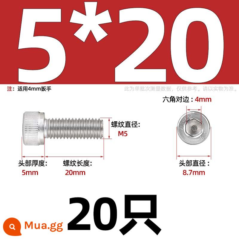 Thép Không Gỉ 304 Bên Trong Vít Lục Giác Cốc Đầu Bu Lông Hình Trụ Đầu Kéo Dài M1.6M2M3M4M5M6M8M10mm - Chỉ M5*20-20