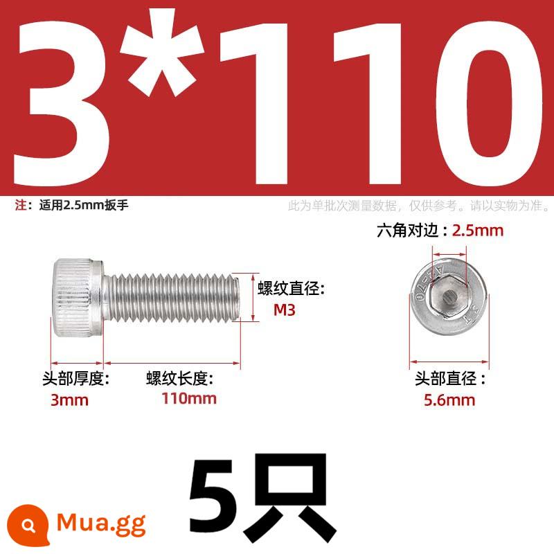 Thép Không Gỉ 304 Bên Trong Vít Lục Giác Cốc Đầu Bu Lông Hình Trụ Đầu Kéo Dài M1.6M2M3M4M5M6M8M10mm - Chỉ M3*110-5