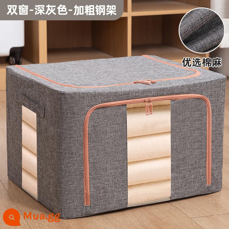 Cotton và vải lanh hộp bảo quản quần áo vải quần áo di chuyển hoàn thiện hộp hộp gấp tủ quần áo ký túc xá giỏ đựng túi hộ gia đình - Vải cotton và vải lanh màu xám đậm [Cửa sổ đôi 丨Khung thép 6 khối]