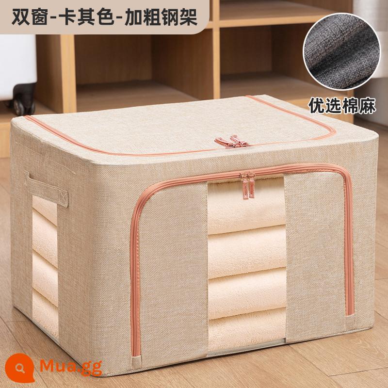 Cotton và vải lanh hộp bảo quản quần áo vải quần áo di chuyển hoàn thiện hộp hộp gấp tủ quần áo ký túc xá giỏ đựng túi hộ gia đình - Khaki-Bông và vải lanh [Cửa sổ đôi丨Khung thép 6 khối]