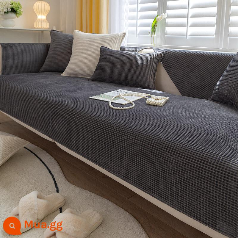 Đệm sofa màu be bốn mùa đa năng đơn giản hiện đại chống trơn trượt ngô nhung đệm ghế sofa tựa lưng khăn bọc vải - Hạt ngô - xám