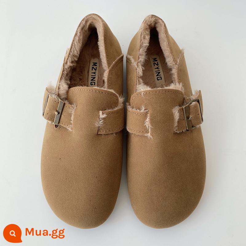 Giày đế mềm Birkenstocks mùa thu cho nữ Phiên bản Hàn Quốc Retro Một bàn đạp Hai trang phục thông thường phù hợp với tất cả các trận đấu Xấu xí Moe Sen Giày lười Peas - Kaki (cộng với lông cừu)