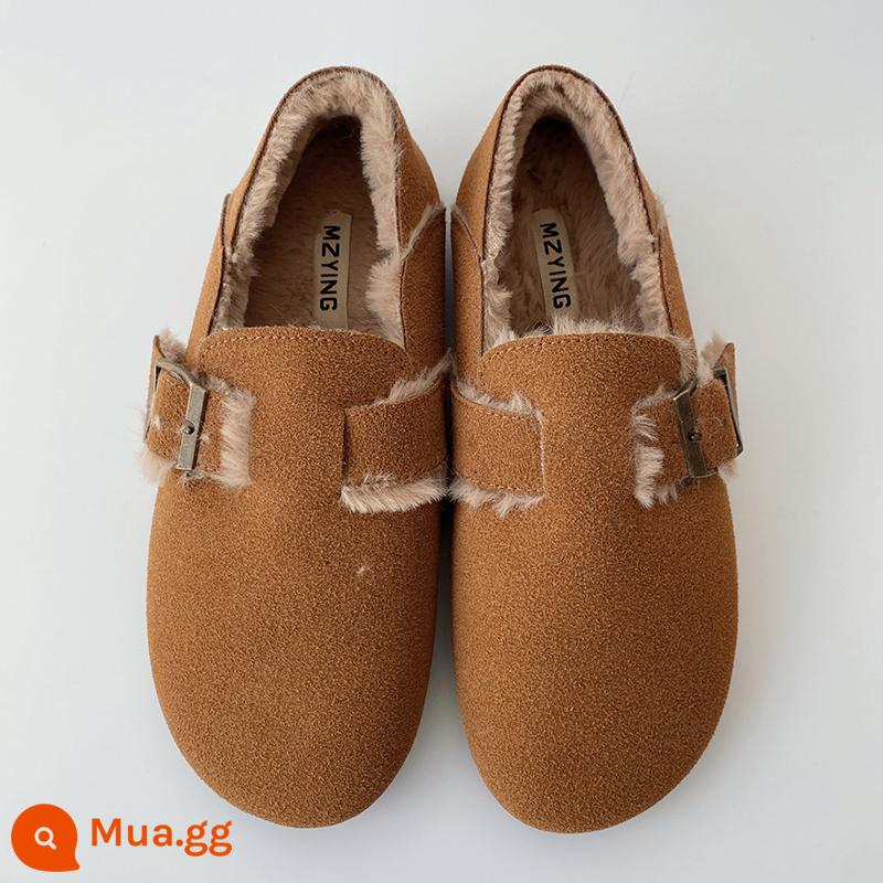 Giày đế mềm Birkenstocks mùa thu cho nữ Phiên bản Hàn Quốc Retro Một bàn đạp Hai trang phục thông thường phù hợp với tất cả các trận đấu Xấu xí Moe Sen Giày lười Peas - Lạc đà (cộng với nhung)