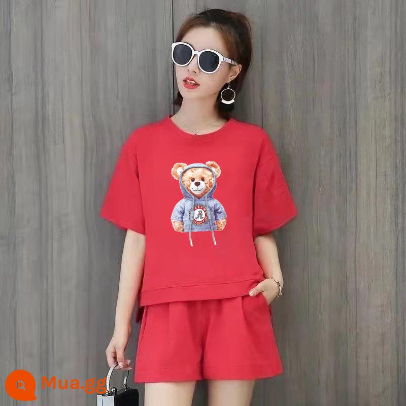 Mùa hè mới gấu rời quần short phù hợp với nữ phiên bản Hàn Quốc slim thời trang chạy bộ đồ thể thao hai mảnh hợp thời trang - màu đỏ