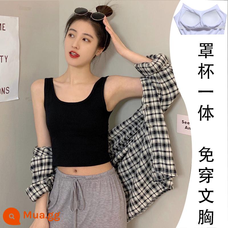 Cotton nguyên chất màu đen cổ vuông yếm trong của phụ nữ mặc trong mùa xuân và mùa thu ngắn dây đeo vai rộng lưng đẹp cộng với nhung bên ngoài mặc dưới cùng - Đen [Tấm đệm ngực chữ U]