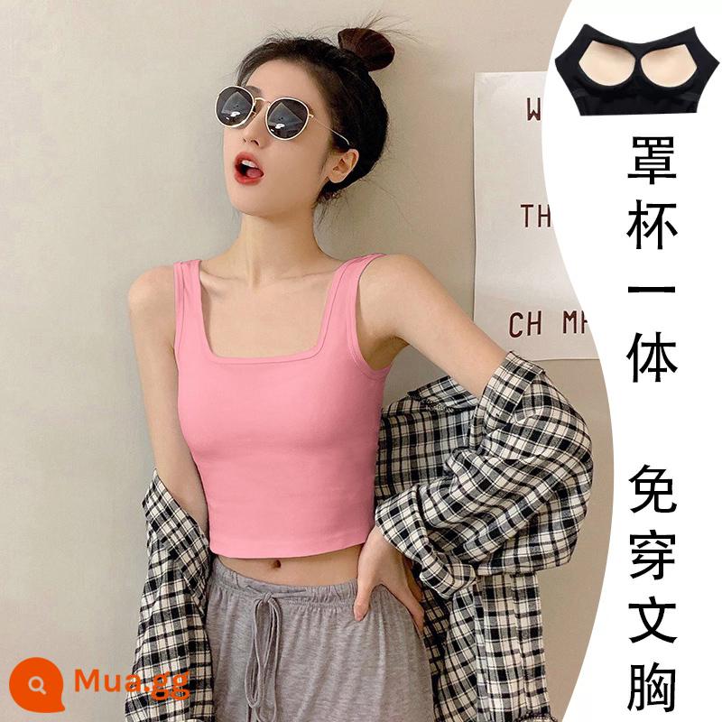 Cotton nguyên chất màu đen cổ vuông yếm trong của phụ nữ mặc trong mùa xuân và mùa thu ngắn dây đeo vai rộng lưng đẹp cộng với nhung bên ngoài mặc dưới cùng - Màu hồng tiềm ẩn [đệm ngực buộc vuông]