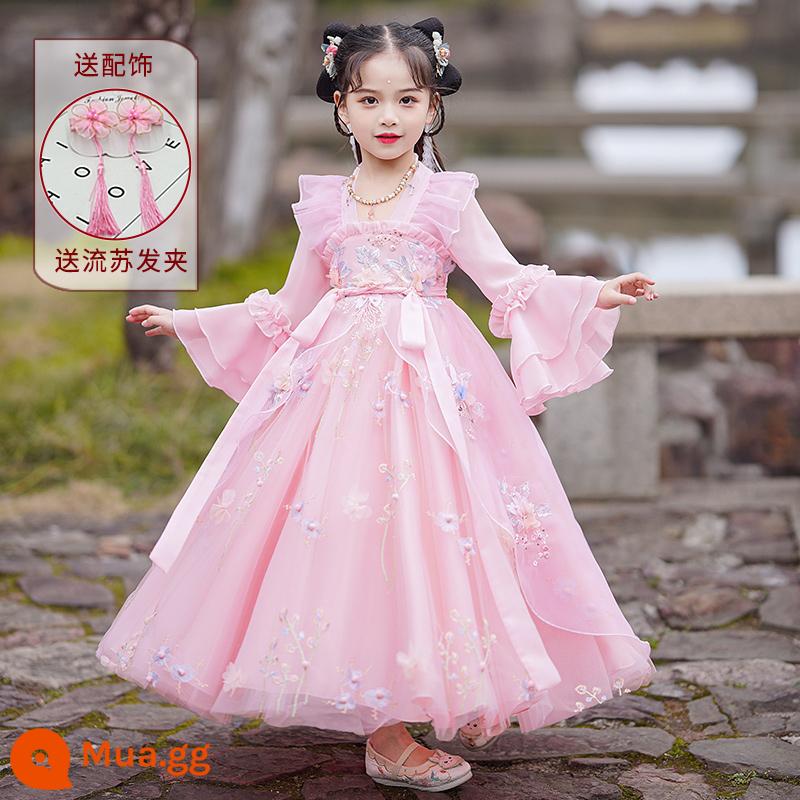 Hanfu bé gái mùa hè váy cổ mùa hè trẻ em nữ phong cách cổ Tang phù hợp với váy bé gái mùa hè váy công chúa - 2602 Tay Dài Màu Hồng [Tặng Kẹp Tóc]