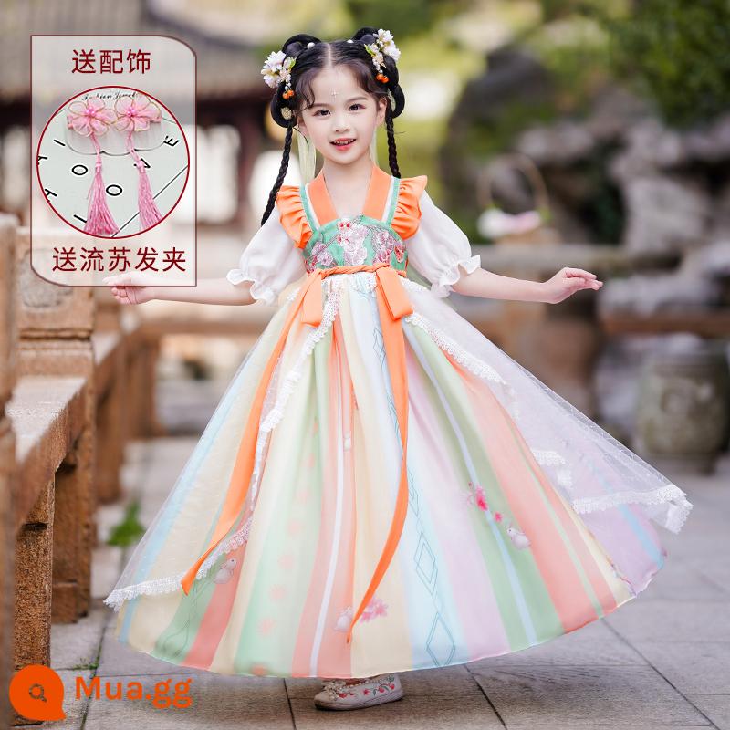 Hanfu Bé Gái Mùa Hè Bộ Đồ Trẻ Em Hoa Anh Đào Váy Công Chúa Mùa Hè Cổ Siêu Tiên Đường Phù Hợp Với Mới 2023 - 2232 Tay ngắn màu cam [Gửi kẹp tóc]