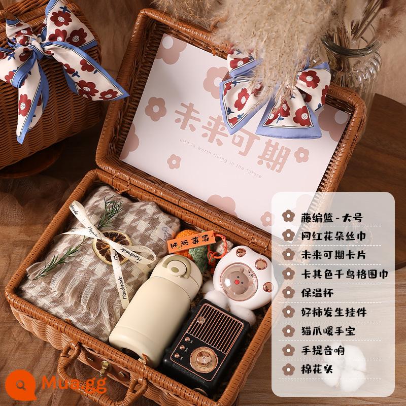 Quà tặng sinh nhật Girls in Winter Scar Hộp quà tặng Bạn gái thực tế cao -Sense Christmas Quà tặng Giáng sinh để tặng bạn gái - Giỏ mây caramen + khăn kaki houndstooth F (có thể chờ đợi trong tương lai)