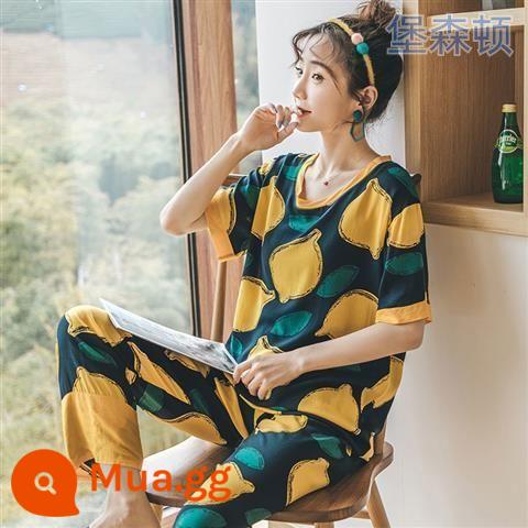 Bộ đồ ngủ dài tay mùa hè cho nữ cotton lụa phù hợp với học sinh rộng rãi kích thước lớn mùa xuân và mùa thu cotton lụa mỏng phục vụ tại nhà bộ hai mảnh - Quần ngắn tay màu chanh sẫm