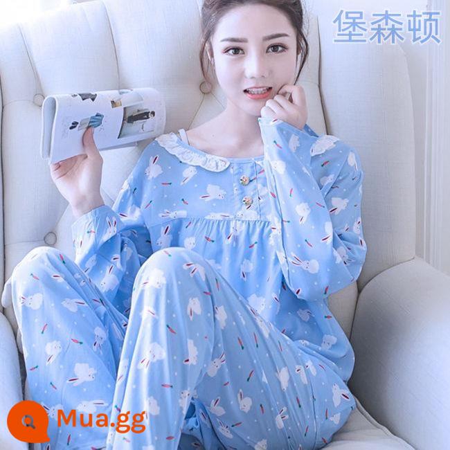 Bộ đồ ngủ dài tay mùa hè cho nữ cotton lụa phù hợp với học sinh rộng rãi kích thước lớn mùa xuân và mùa thu cotton lụa mỏng phục vụ tại nhà bộ hai mảnh - Thỏ cà rốt xanh [tay áo dài]