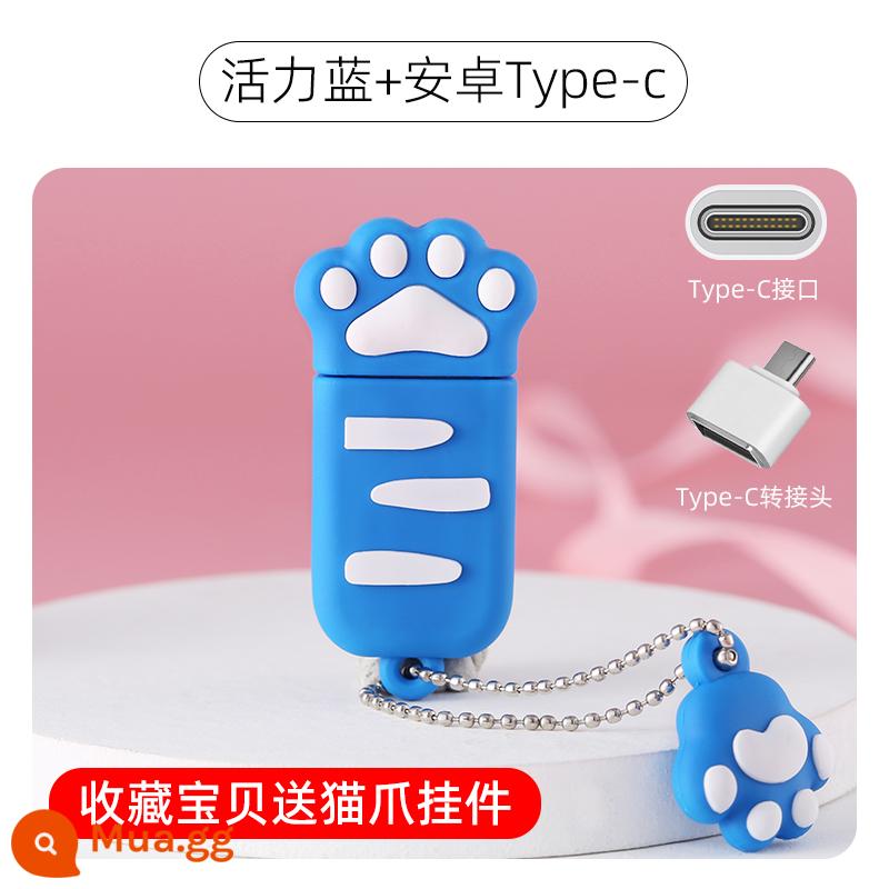 Đĩa di động 64G Điện thoại di động Máy tính kép -use hoạt hình cao giá trị USB Disk di động Creative Dễ thương Tea Tea Cup Cô gái chính thức - 64G [Blue Cat Claw] tặng kèm adapter Type-c