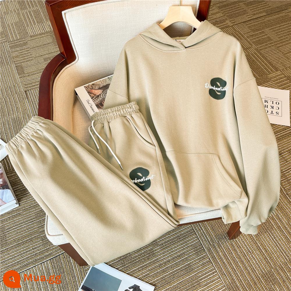 Sang Trọng Hoodie Phù Hợp Với Nữ Mùa Thu Đông Dày Mới Rời Giày Lười Rời Chân Quần 2 Bộ - Bộ đồ kaki [kiểu mỏng thông thường]