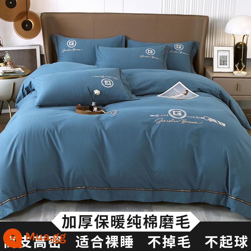 Cao Cấp 200 Tính Cotton Dày Chải 4 Bộ Cotton Nguyên Chất 100 Giường Vỏ Chăn Mùa Đông Chăn Ga Gối Ấm Áp - G-Dream Blue [bông chải thô dày]