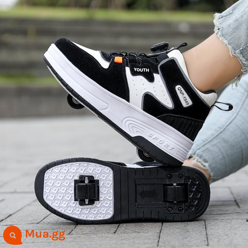 Giày Trẻ Em Giày Thể Thao Bé Trai 2023 Mới Khóa Xoay Trẻ Em Thoáng Mát Internet Người Nổi Tiếng Giày Heelys Mùa Thu Nhấp Nháy Giày Trượt Patin - Trắng và đen [mẫu da không sáng]