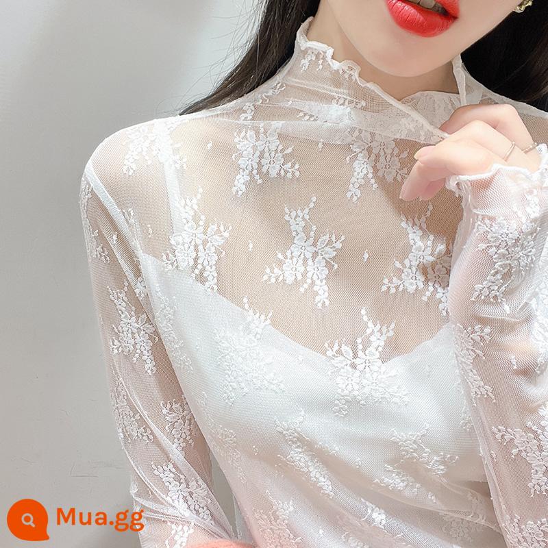 Một nửa áo sơ mi chân dài -slow -sleved lace sprid và trang phục mùa thu năm 2022 MỚI MỚI NET NET Vòng trong suốt đầu trong suốt - Ngọc trai trắng