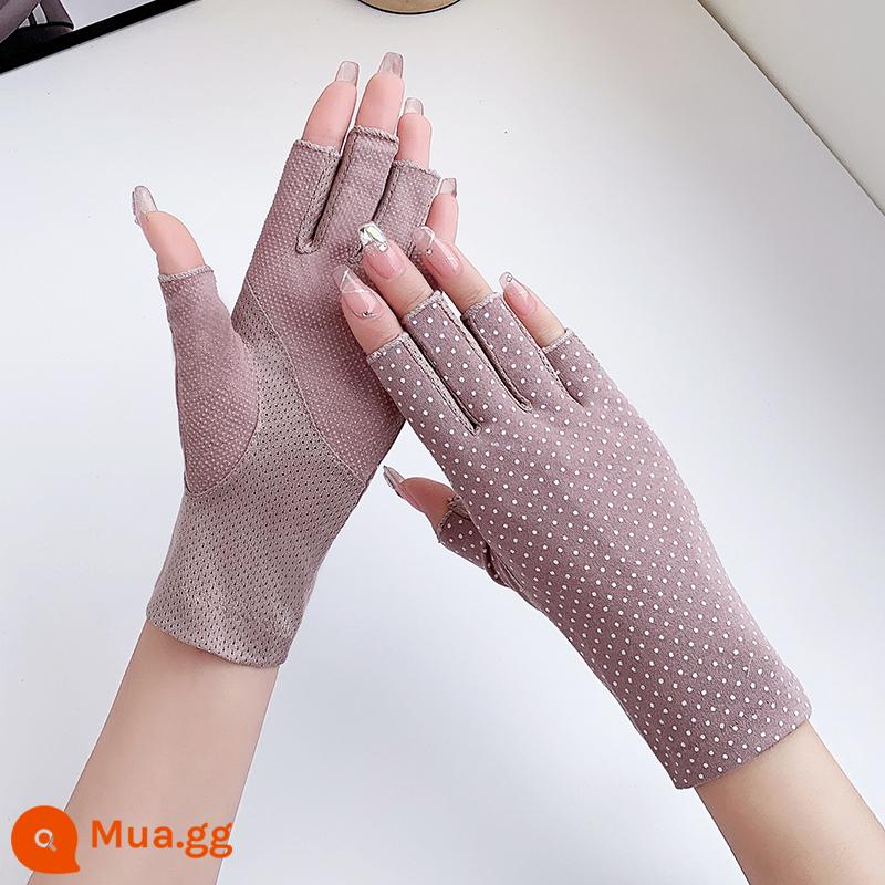 Găng tay làm móng chống tia cực tím chống nắng nửa ngón cotton mỏng chống đen cho nữ mùa hè lái xe và cưỡi ngựa chống trơn trượt ngón tay thoáng khí - Chấm và nửa ngón tay-Tím