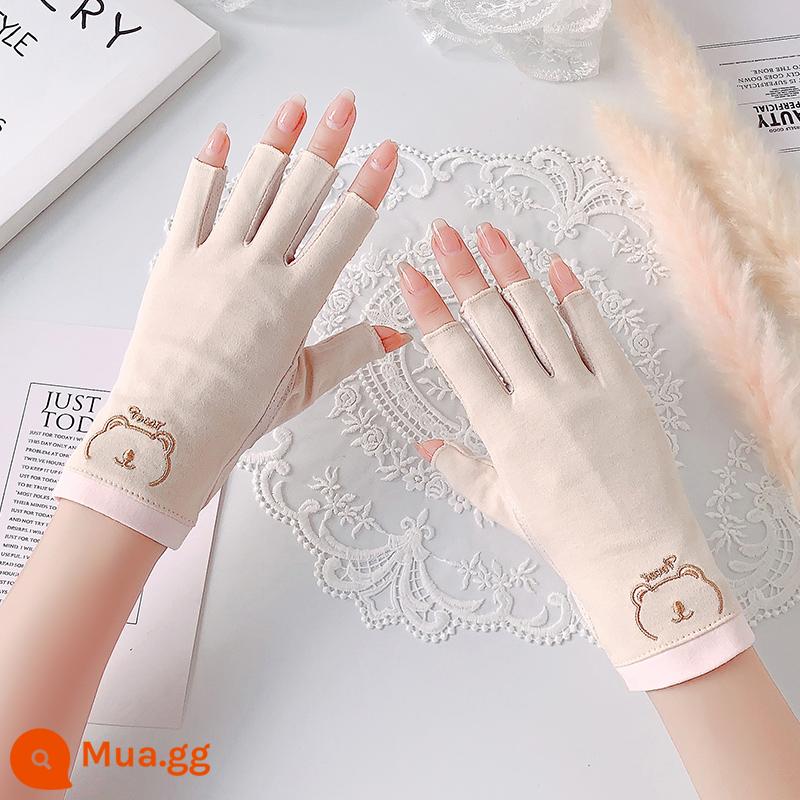 Găng tay làm móng chống tia cực tím chống nắng nửa ngón cotton mỏng chống đen cho nữ mùa hè lái xe và cưỡi ngựa chống trơn trượt ngón tay thoáng khí - Gấu Nửa Ngón Tay-Màu Be