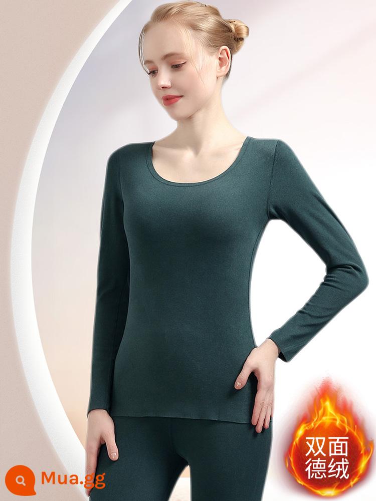 De nhung sưởi ấm quần áo của phụ nữ dày cộng với nhung liền mạch cashmere tự sưởi ấm quần áo mùa thu vệ sinh quần phù hợp với cotton đáy áo sơ mi mùa đông - Bộ đồ nhung hai mặt màu xanh đậm