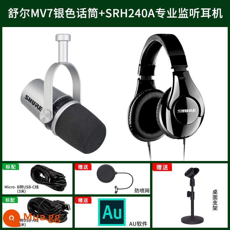 Shure Shure MV7 micro neo chuyên nghiệp máy tính bảng ghi âm trực tiếp lồng tiếng micro động USB - Gói tai nghe giám sát chuyên nghiệp MV7 Silver + SRH240A