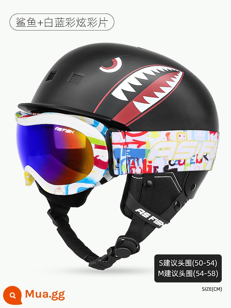 Kính trượt tuyết Ski Gương, Trẻ em, Girls, Baby Snow Field Goggles Card Thiết bị chống lại bộ đầy đủ - Cá mập + phim đầy màu sắc trắng và xanh