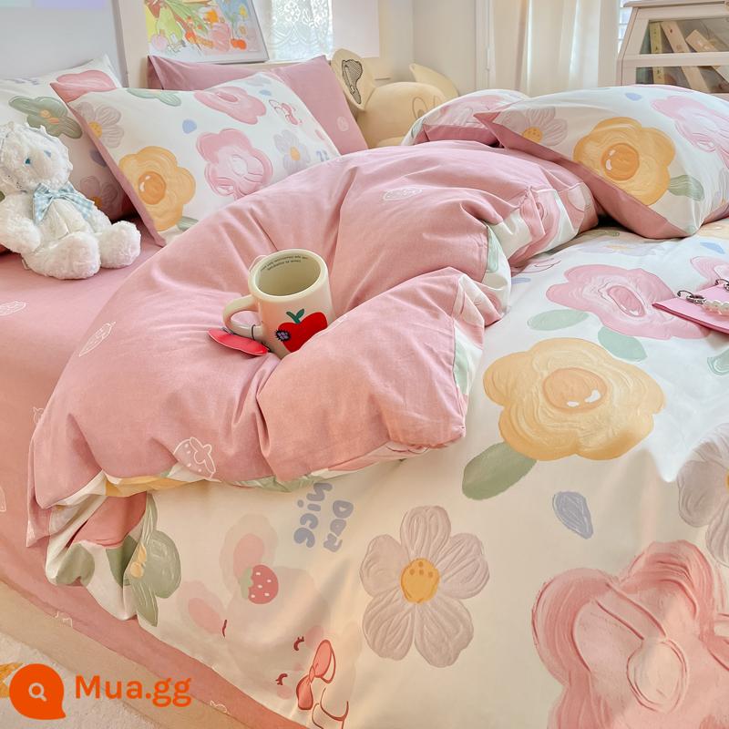 Jie Liya mùa xuân cotton nguyên chất 4 mảnh 100 cotton chăn ga trải giường ins đơn ký túc xá giường 3 mảnh bộ - Thanh Thành Hoa Liên [100% cotton chải kỹ, không co rút, không phai màu]