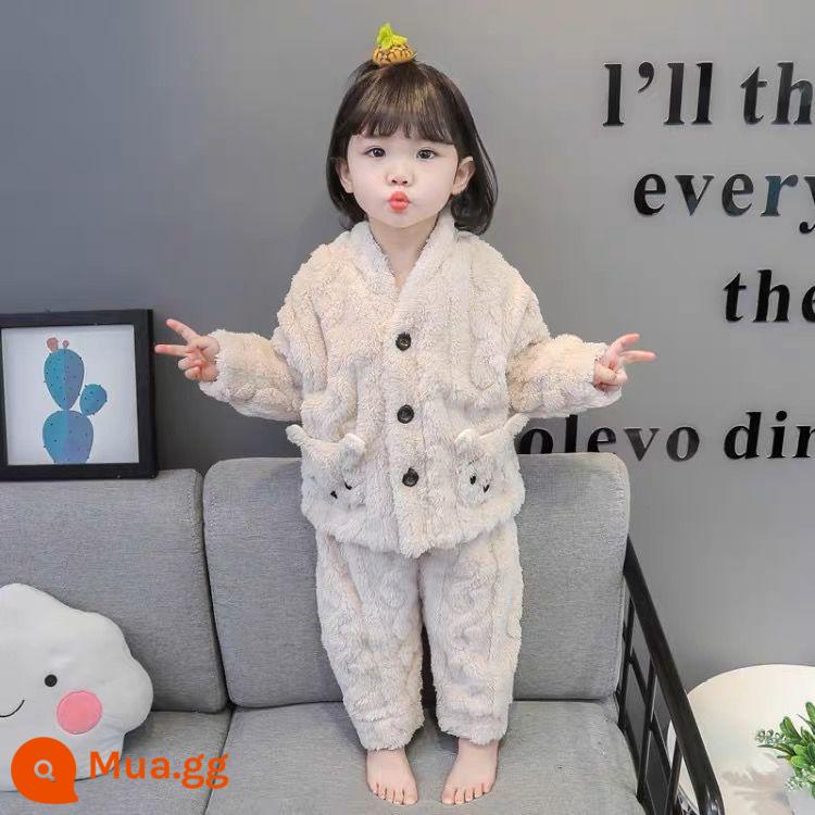 Bộ đồ ngủ bé gái mùa thu và mùa đông lông cừu san hô trẻ em trẻ em quần áo ở nhà dày flannel phù hợp với - Màu be dày [bộ]