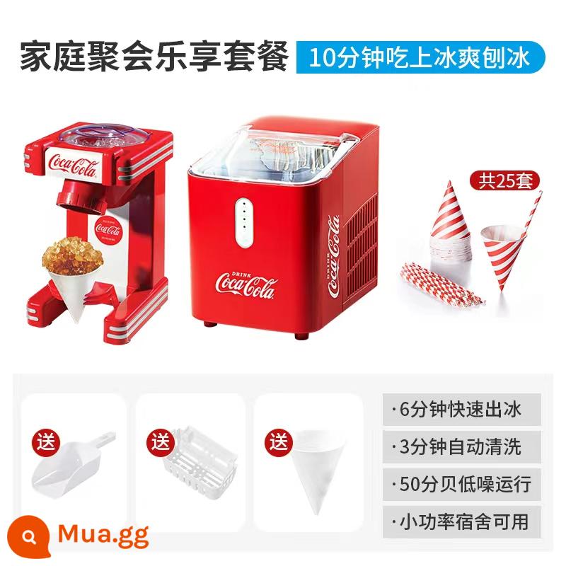 Máy làm đá gia dụng Coca-Cola thương mại nhỏ ký túc xá mini hoàn toàn tự động máy làm đá mini ngoài trời - [Mẫu nhà mini] Gói thưởng thức bữa tiệc gia đình-<Máy làm đá + Máy bào đá + Cốc giấy và ống hút*25>