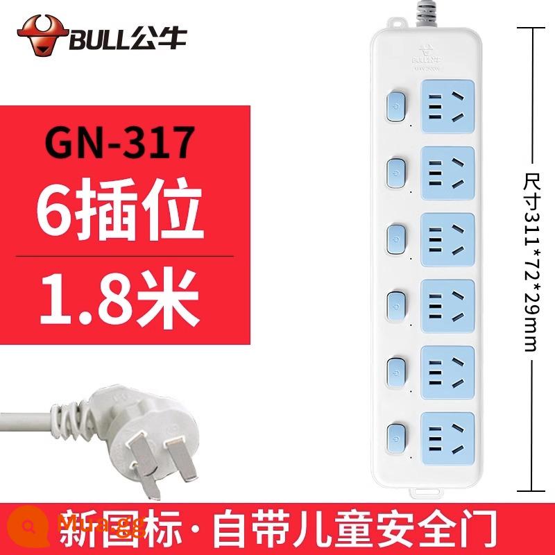 Bull socket plug-in dải dòng hộ gia đình chính hãng 3/5 m ký túc xá sinh viên bảng dây xốp bảng cắm có dây 6 vị trí - 6 phích cắm 1,8 m 317