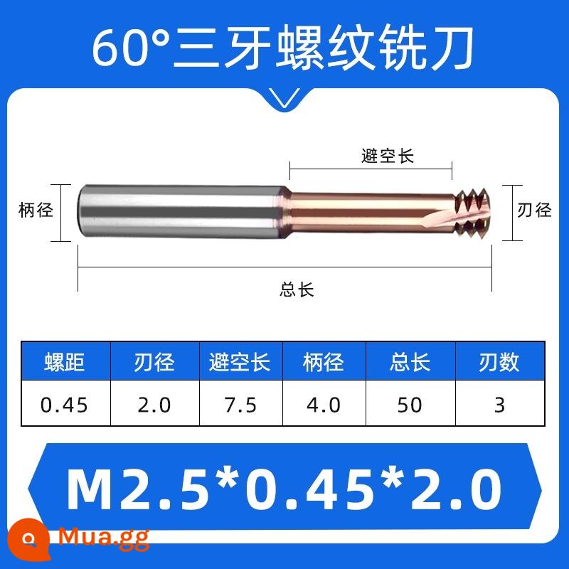 Dao phay ren 60 độ một răng ba răng đầy đủ M1-M24 thép hợp kim vonfram dao răng hệ mét có thể được tùy chỉnh - Màu trắng sữa M2.5x0.45*D4(ba)