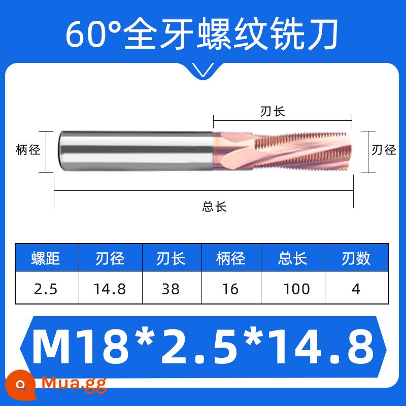 Dao phay ren 60 độ một răng ba răng đầy đủ M1-M24 thép hợp kim vonfram dao răng hệ mét có thể được tùy chỉnh - Màu sô cô la M18*2.5*D16(đầy đủ)