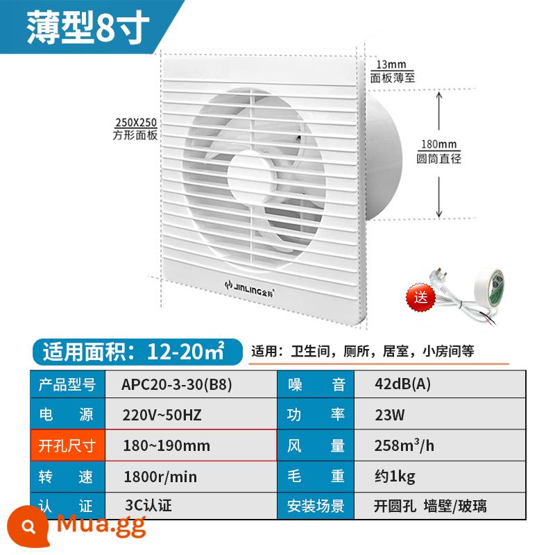 Kim Lăng quạt hút phòng trang điểm quạt thông gió louver 6 inch 4 vách kính nhà bếp quạt hút quạt hút - Khoan [tấm mỏng] 8 inch: 180 ~ 190mm với van một chiều