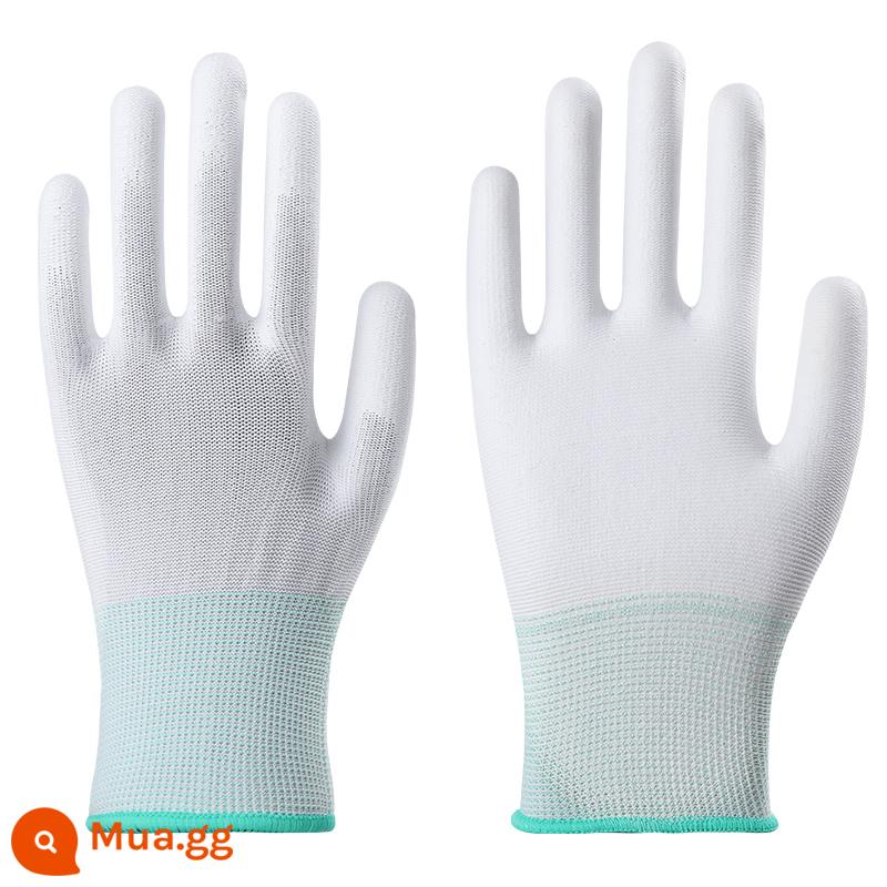 Găng tay mỏng Làm việc Găng tay làm việc bằng nylon PU chống mài mòn phủ ngón tay Găng tay chống tĩnh điện nhúng keo phủ ngón tay - Găng tay phủ lòng bàn tay màu trắng (12 đôi)