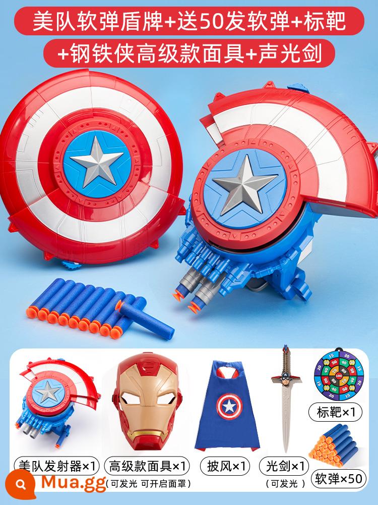 Khiên Captain America bệ phóng đạn mềm cậu bé súng đạn mềm quà tặng đồ chơi cho trẻ em trên 6 tuổi - Đạn mềm thép + mặt nạ cao cấp + áo choàng + kiếm ánh sáng, 50 viên đạn mềm miễn phí + mục tiêu treo