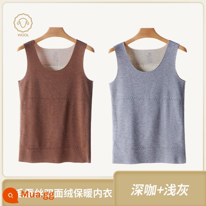 Catman Ấm Vest Nam De Nhung Không Dấu Vết Làm Nóng Quần Lót Plus Nhung Dày Bên Trong Mặc Len Lụa Đáy Top - Xám nhạt + cà phê đậm [len tự nhiên + miếng lụa]