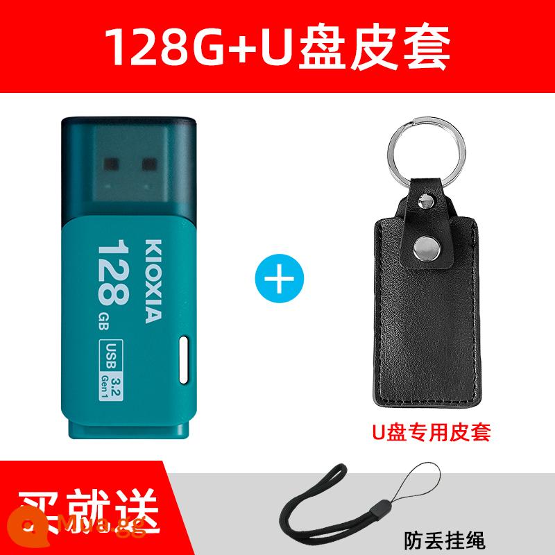 Ổ đĩa flash Kioxia 128g chính hãng tốc độ cao 3.0 U301 trên ô tô máy tính USB dung lượng lớn chính hãng hàng đầu Store chính hãng - Bao da + xanh 128G/có dây buộc