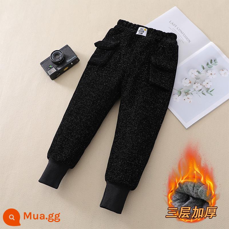 Quần cotton cho bé gái mùa đông cho trẻ em trung niên trở lên quần ấm ba lớp dày dặn cho bé cotton cộng với quần lông cừu mùa đông phong cách nước ngoài - Phiên bản nhãn dán logo xe ô tô màu đen (bông lụa sáng chenille dày ba lớp)