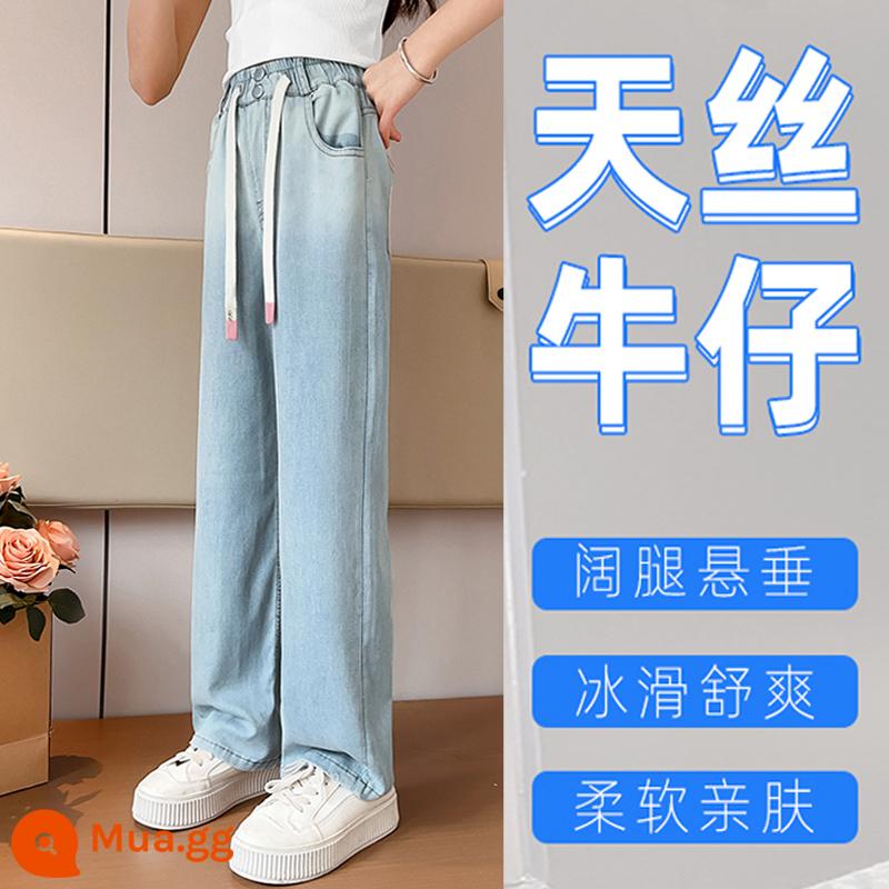 Quần dài bé gái mùa hè chiên đường phố chống muỗi trẻ em lớn denim Tencel phần mỏng lụa băng mùa hè quần ống rộng ống thẳng - Trắng xanh (co dãn, mỏng mát)