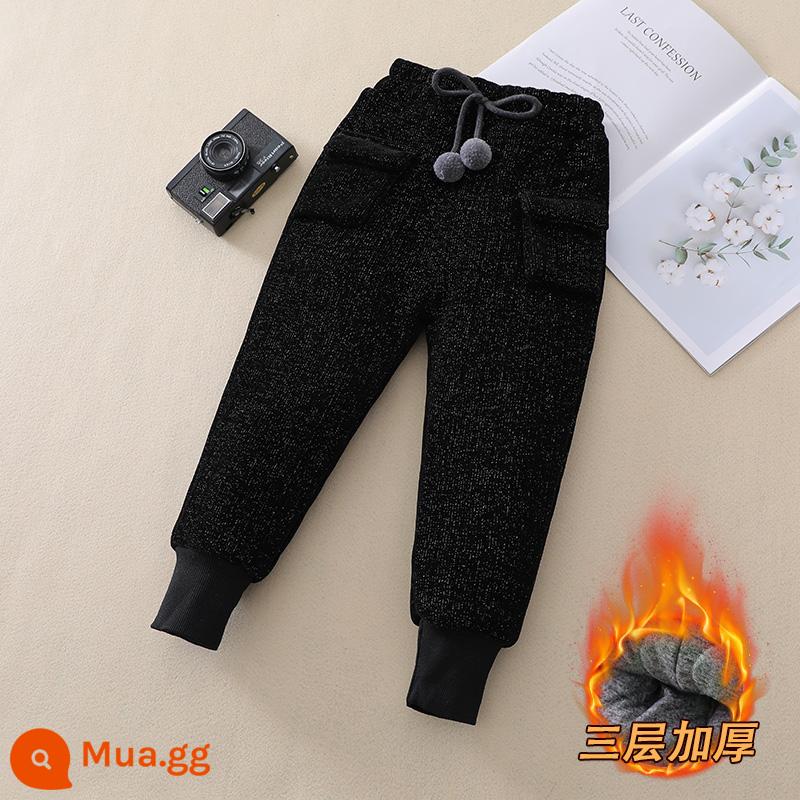 Quần cotton cho bé gái mùa đông cho trẻ em trung niên trở lên quần ấm ba lớp dày dặn cho bé cotton cộng với quần lông cừu mùa đông phong cách nước ngoài - Kiểu bóng lông màu đen (bông lụa sáng chenille dày ba lớp)