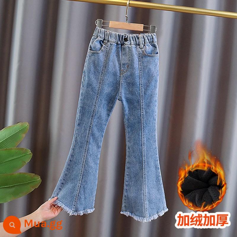 Quần nỉ bé gái quần ống loe denim thu đông 2022 quần ống loe siêu nhỏ phong cách nước ngoài cho trẻ em trung và lớn mới - Quần ống loe chân nhọn của công chúa Yunluo màu xanh nhung