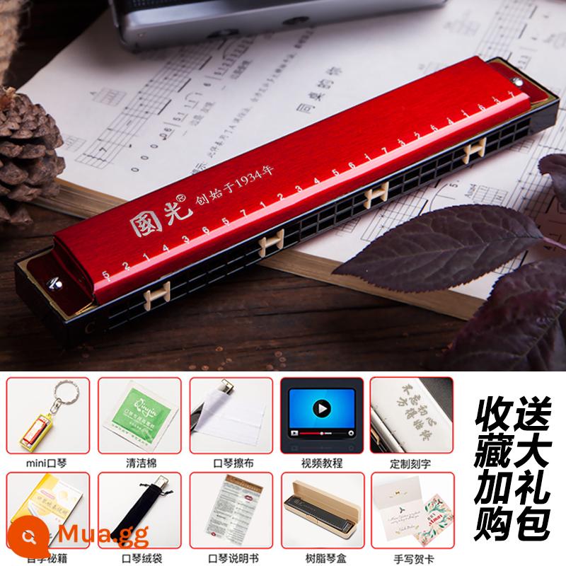 Thượng Hải Guoguang harmonica 24 lỗ đa âm C-tune học sinh mới bắt đầu tự học nhạc cụ đàn organ cửa - 24 lỗ đa âm đỏ + gói quà tự học