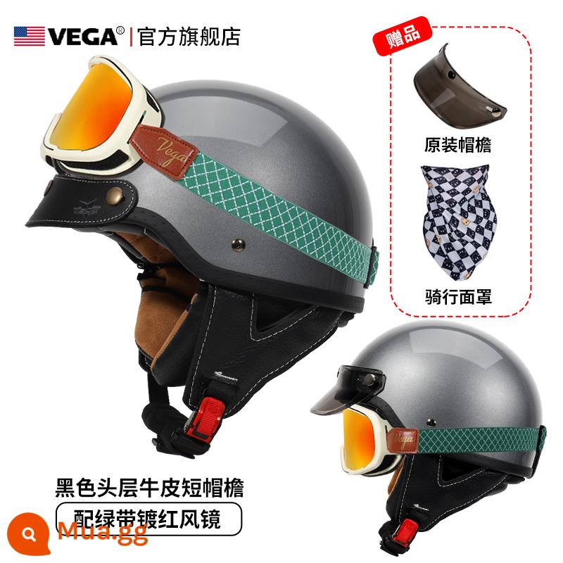 Mỹ VEGA Retro Đầu Máy Đầu Máy Mũ Nam Nữ Nhật Bản Harley Mũ Bảo Hiểm Nửa Mùa Đông 4 Xe Ô Tô Điện Muỗng Mũ Bảo Hiểm - Honda Grey (kèm kính xanh mạ đỏ + vành mũ da đen)